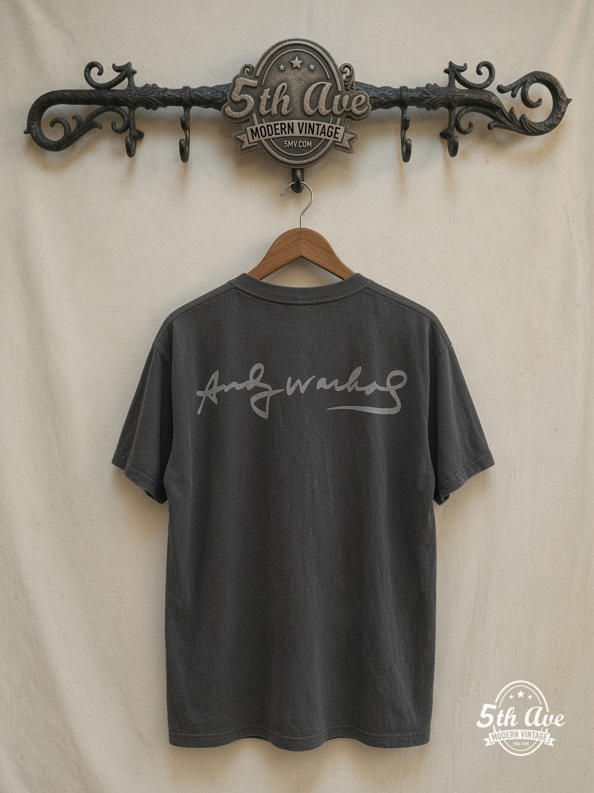 Marilyn Monroe – Andy Warhol Signature Art – Vintage Graphic Tee — back on locked cream ornate 5th Ave rack