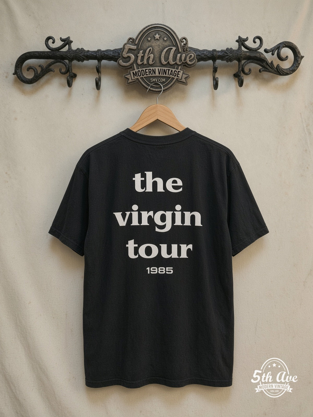 Madonna – Virgin Tour 1985 Lace Portrait – Vintage Band T-Shirt — back on locked cream ornate 5th Ave rack