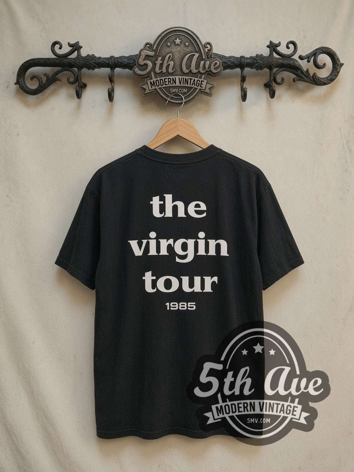 Madonna Virgin Tour 1985 Lace Portrait vintage band t-shirt, back view on a display rack