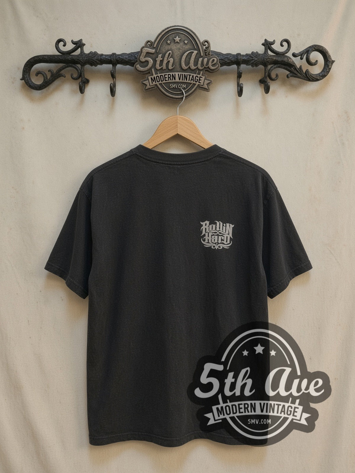 Rollin Hard Slick Five Lowrider vintage graphic tee, back view on a display rack