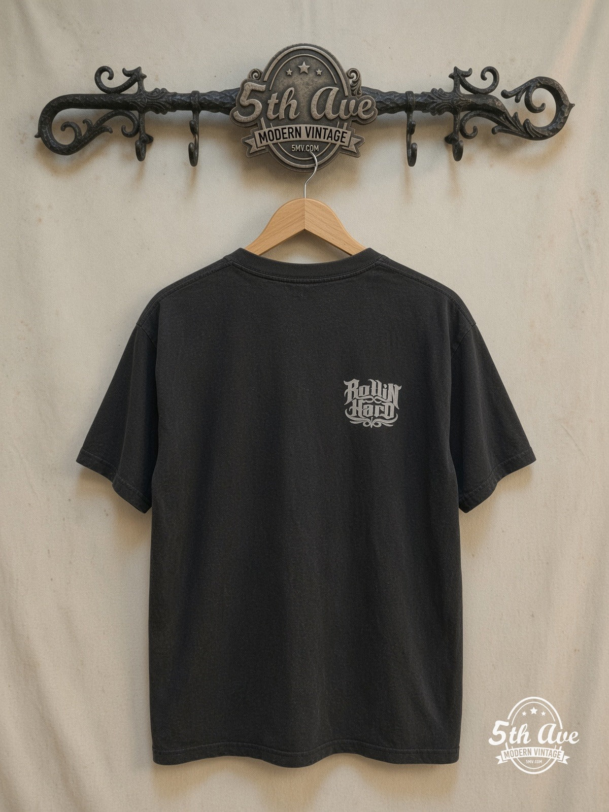 Rollin Hard – Slick Five Lowrider – Vintage Graphic Tee — back on locked cream ornate 5th Ave rack