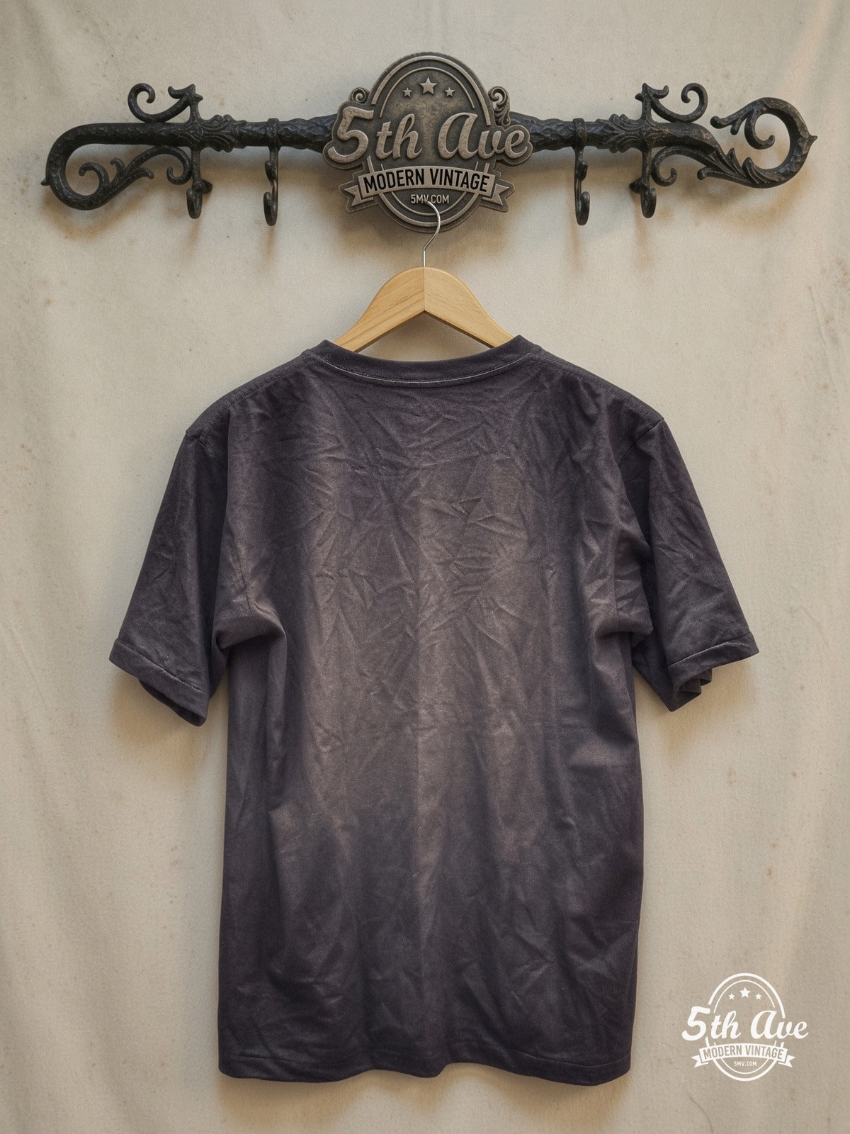 AC/DC – For Those About to Rock, We Salute You" t shirt – Vintage Band T-Shirt — back on locked cream ornate 5th Ave rack