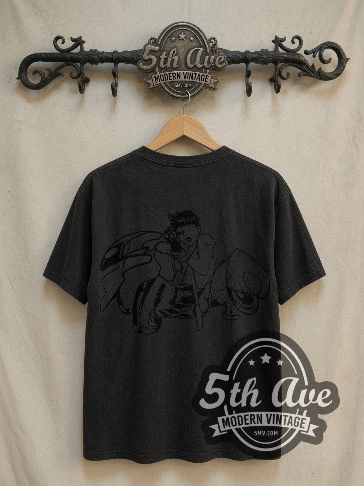 Akira Kaneda Motorcycle Logo vintage graphic t-shirt, back view on a display rack