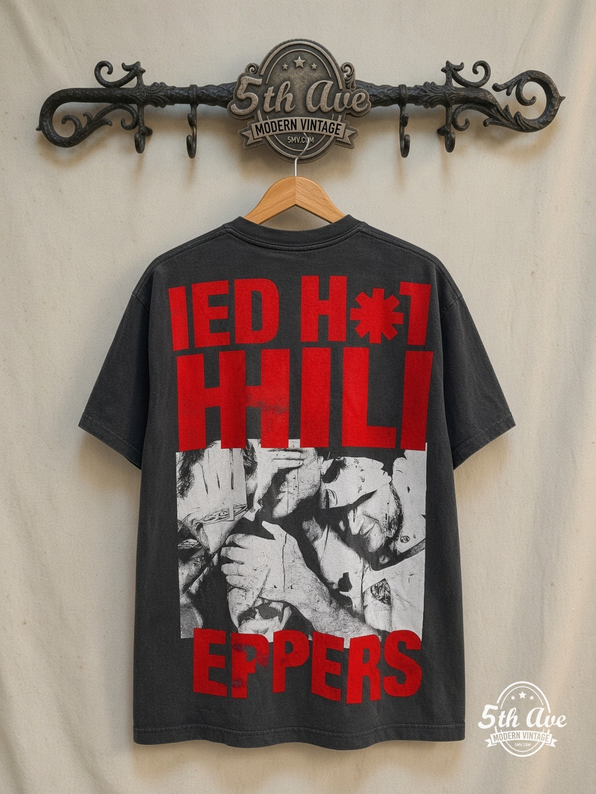 Red Hot Chili Peppers – Monochrome AOP – Vintage Band T-Shirt — back on locked cream ornate 5th Ave rack