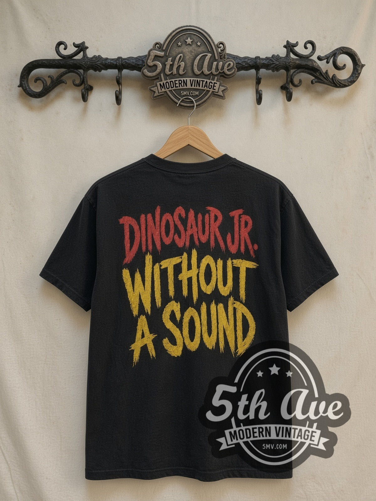 Dinosaur Jr. Without a Sound Yellow Back vintage band t-shirt in black, back view on a display rack