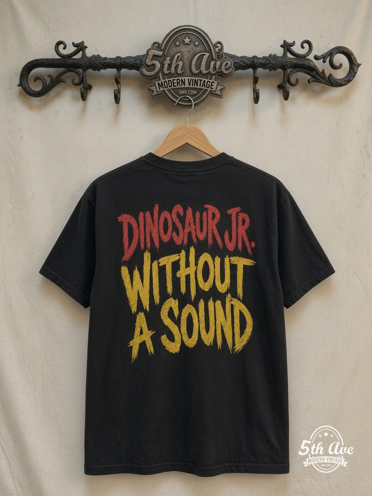 Dinosaur Jr. – Without a Sound Yellow Back – Vintage Band T-Shirt — back on locked cream ornate 5th Ave rack