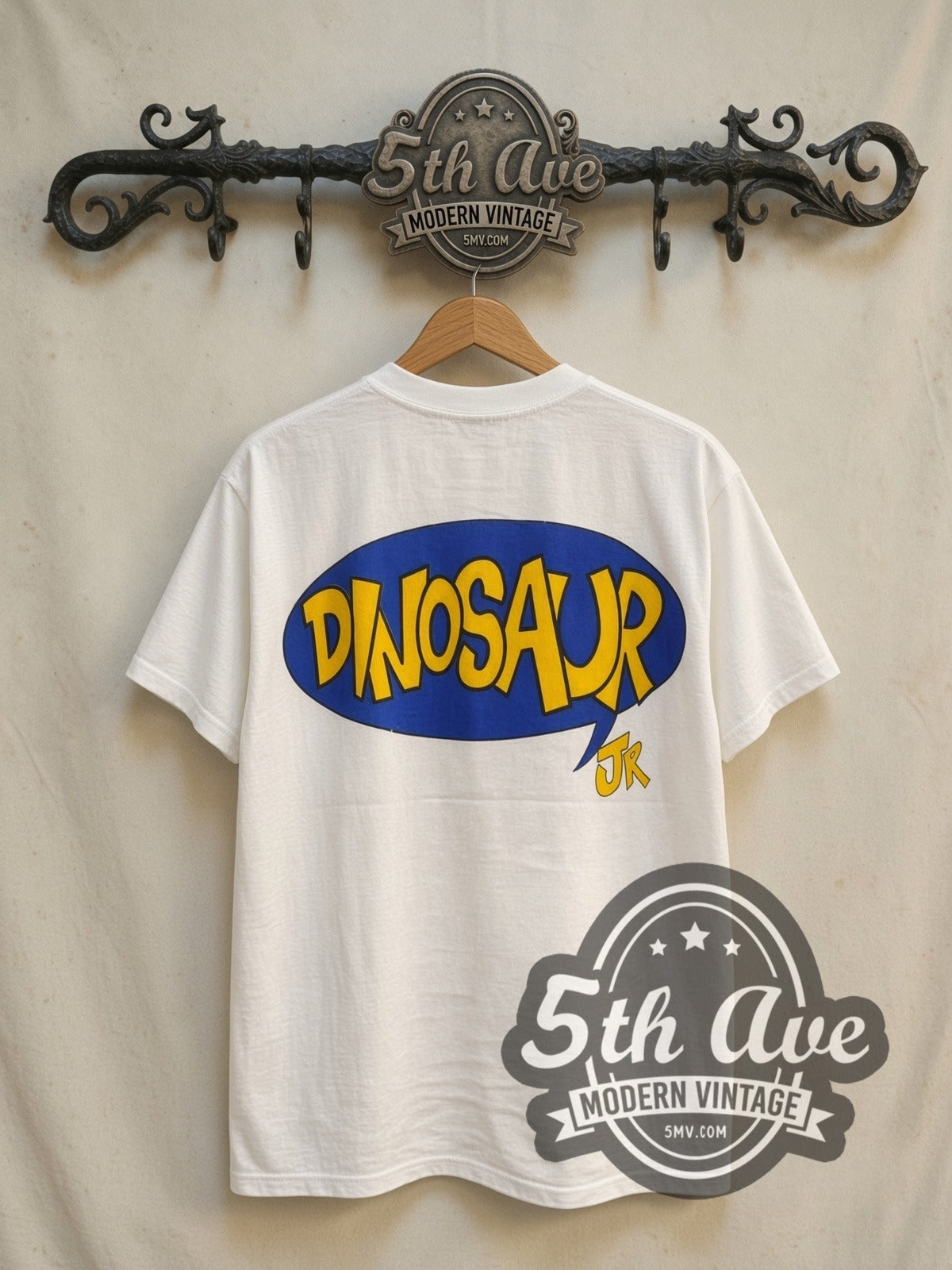 Dinosaur Jr. Graphic vintage band t-shirt in white, back view on a display rack