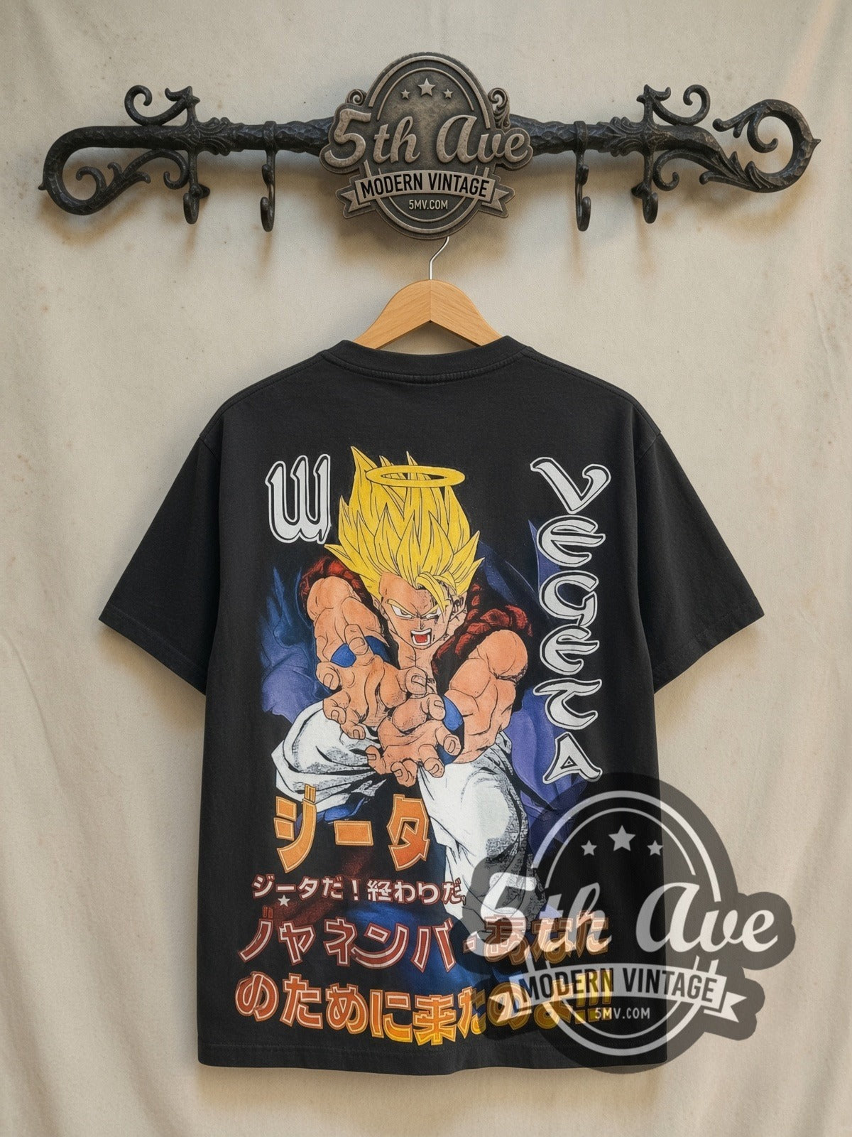 Dragon Ball Z Future Trunks all-over-print vintage anime t-shirt, back view on a display rack