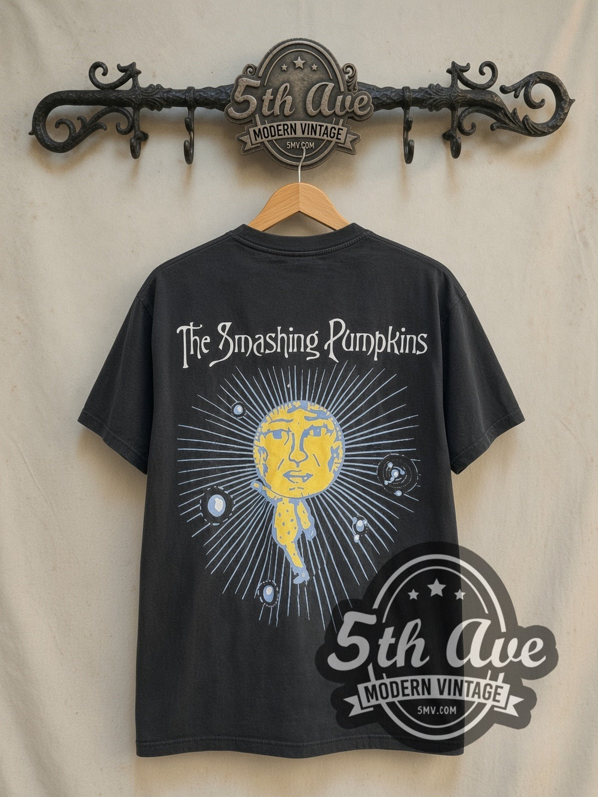 The Smashing Pumpkins Tonight Tonight vintage band t-shirt in black, back view on a display rack