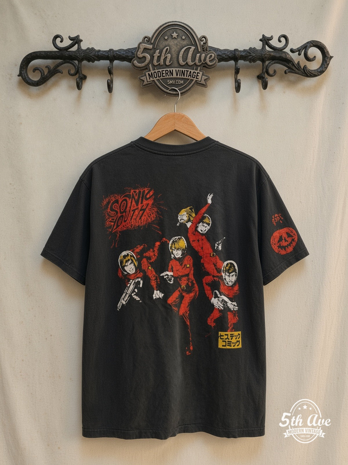 Sonic Youth – Hi Everybody / Noisy Band from N.Y.C. – Vintage Band T-Shirt — back on locked cream ornate 5th Ave rack