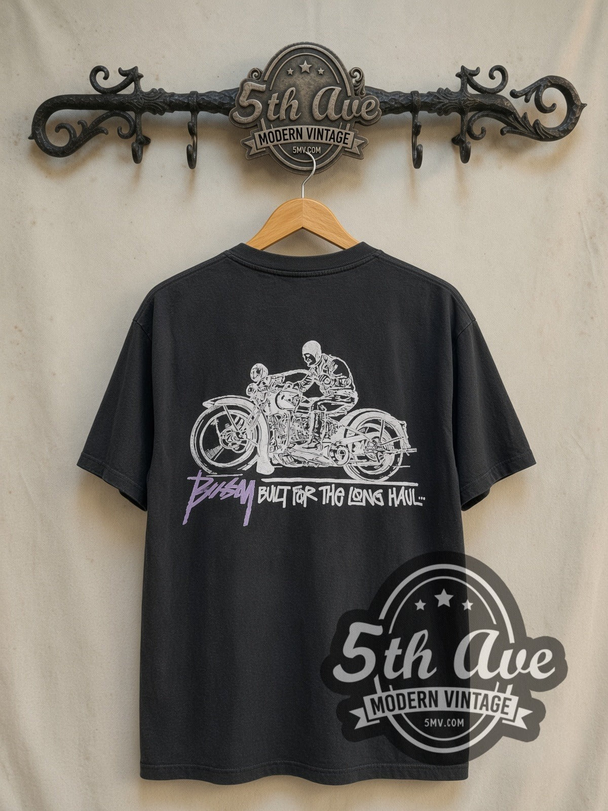 Stussy Built for the Long Haul vintage graphic tee in black, back view on the 5MV rack