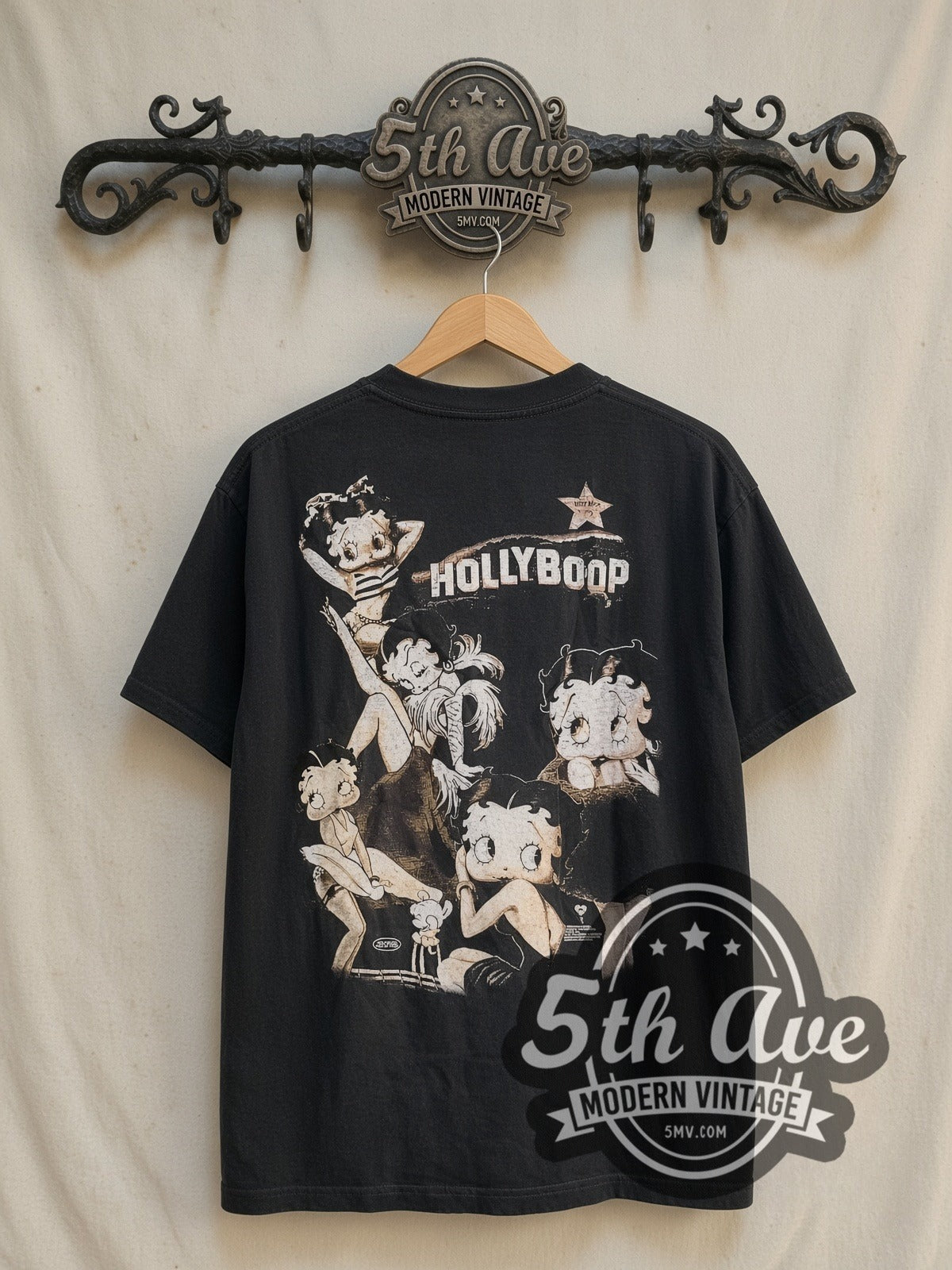 Betty Boop Hollyboop vintage cartoon tee in black, back view on a display rack