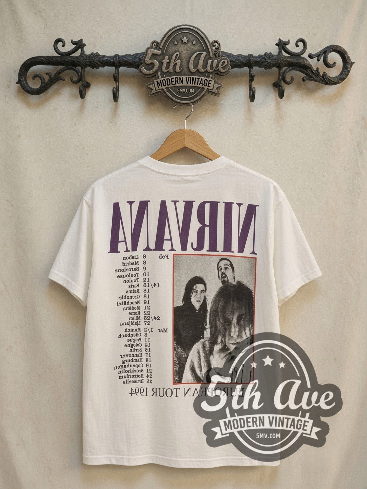 Nirvana In Utero Tour 1994 vintage band t-shirt in white, back view on the 5MV rack
