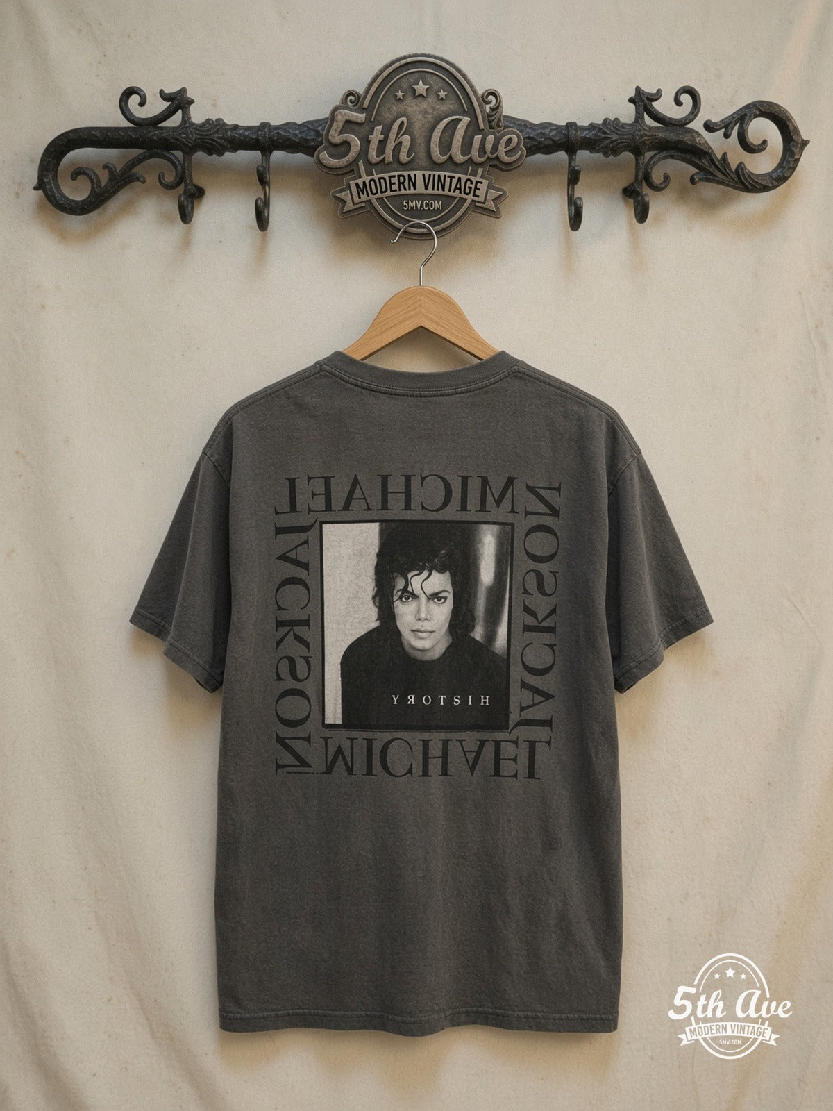 Vintage King of Pop Graphic Tee — back on locked cream ornate 5th Ave rack
