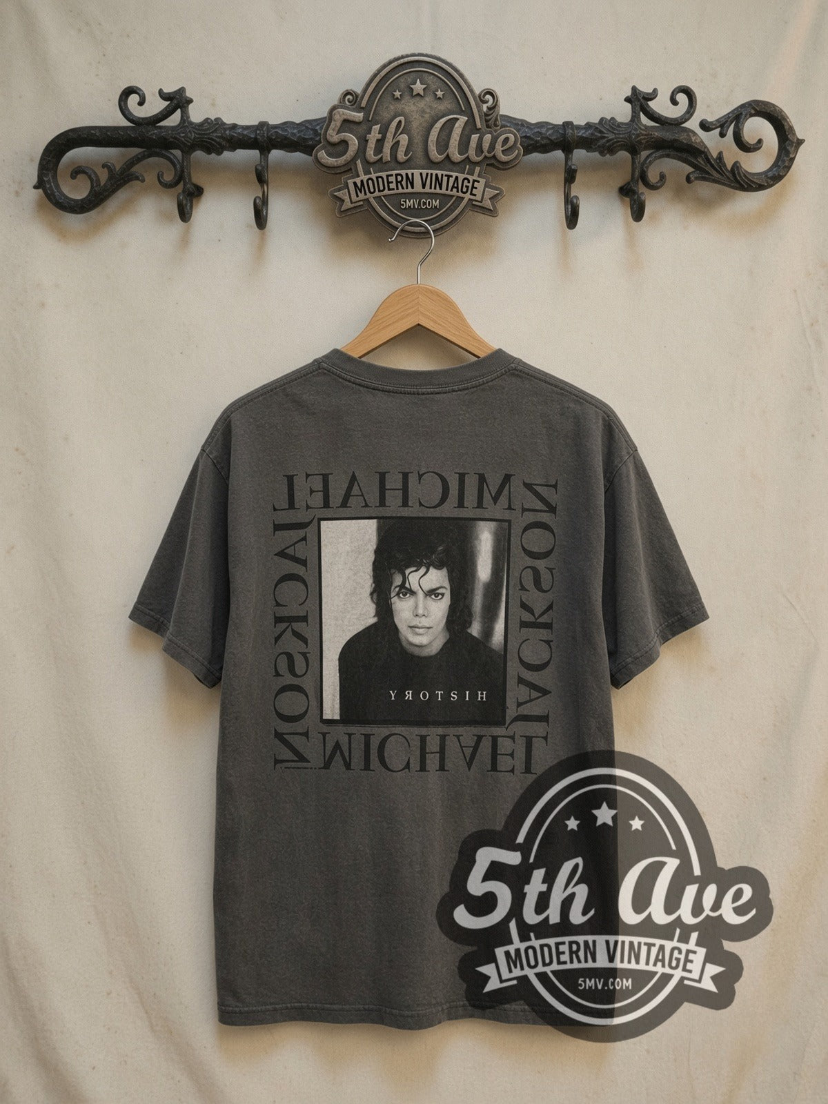 Michael Jackson King of Pop vintage band t-shirt, back view on a display rack