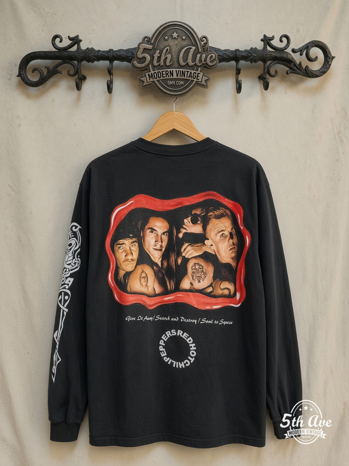 Red Hot Chili Peppers – Search and Destroy – Vintage Band T-Shirt — back on locked cream ornate 5th Ave rack