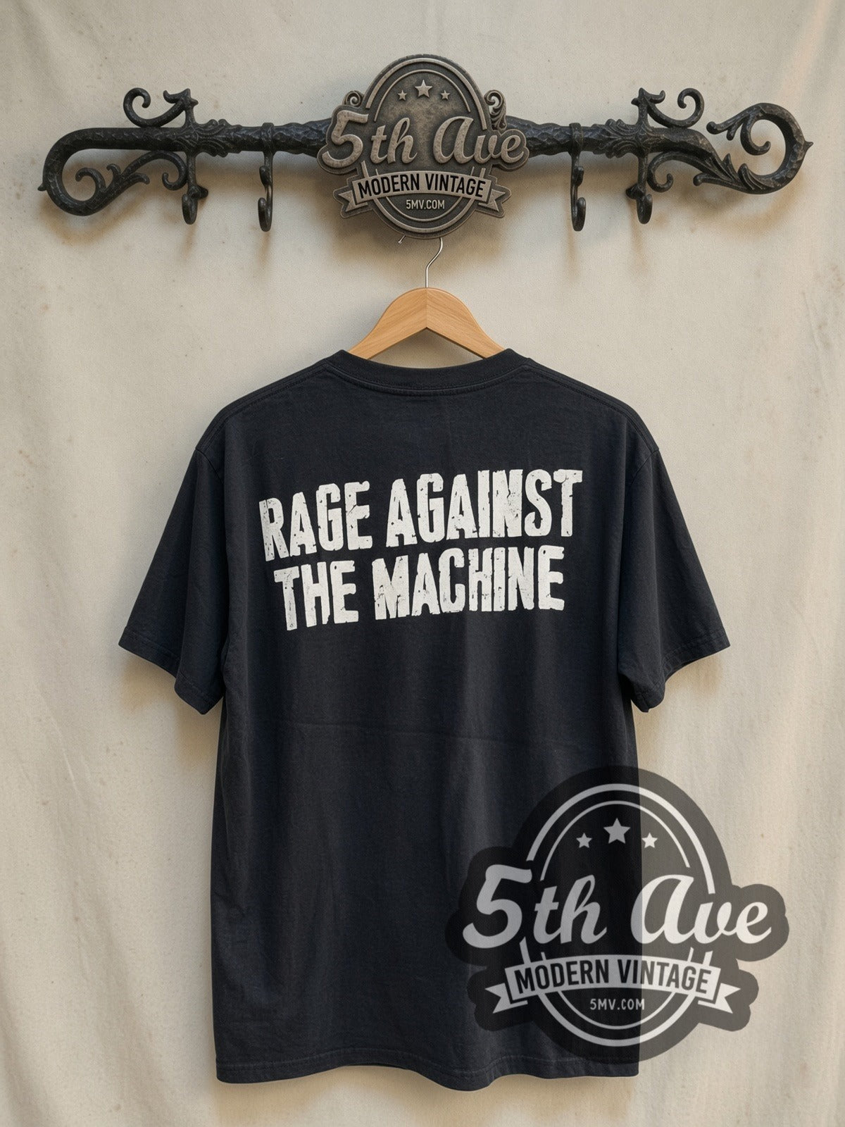 Rage Against the Machine vintage band t-shirt in black, back view on the 5MV rack