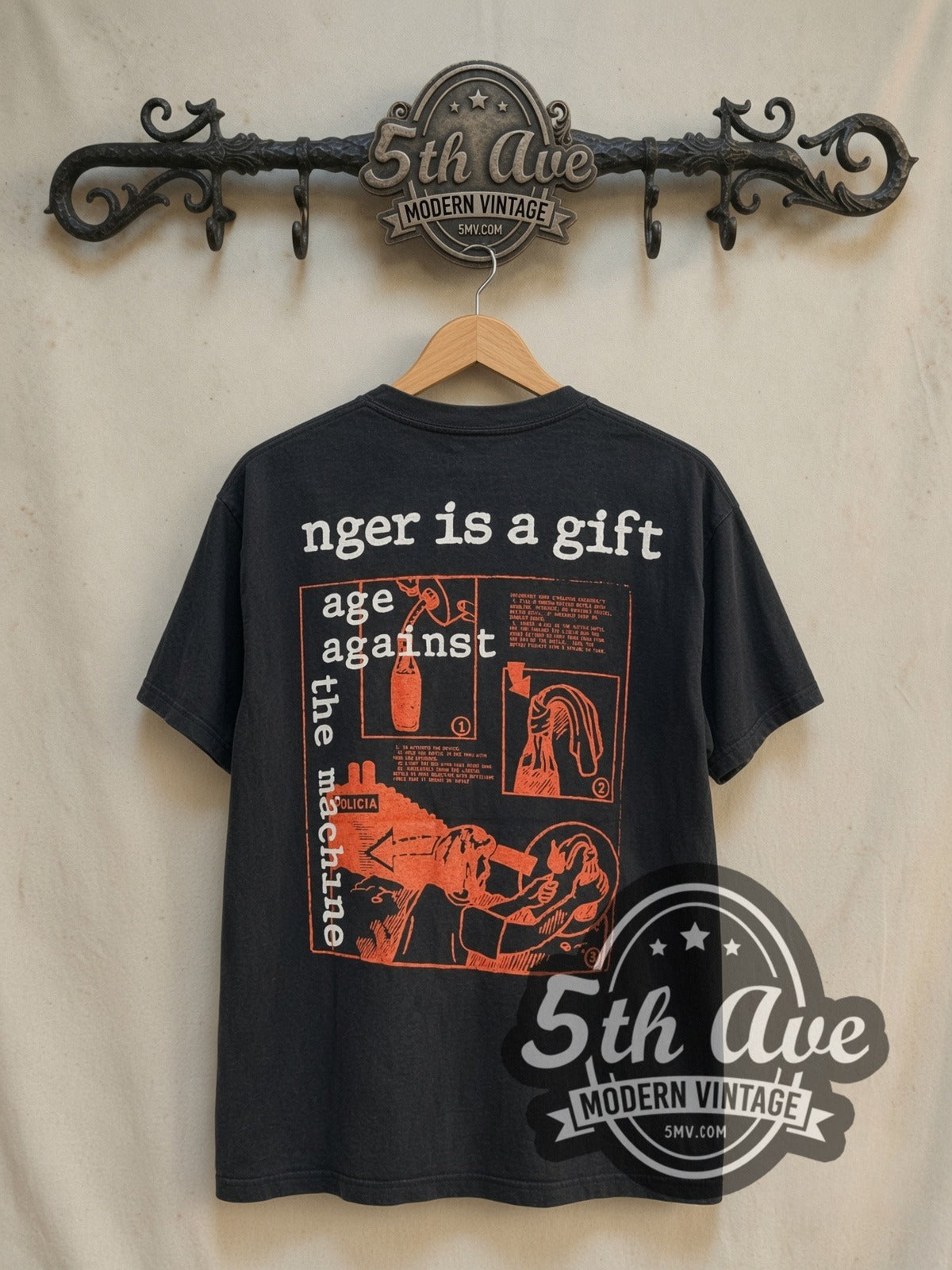 Rage Against the Machine Anger is a gift vintage band t-shirt in black, back view on the 5MV rack