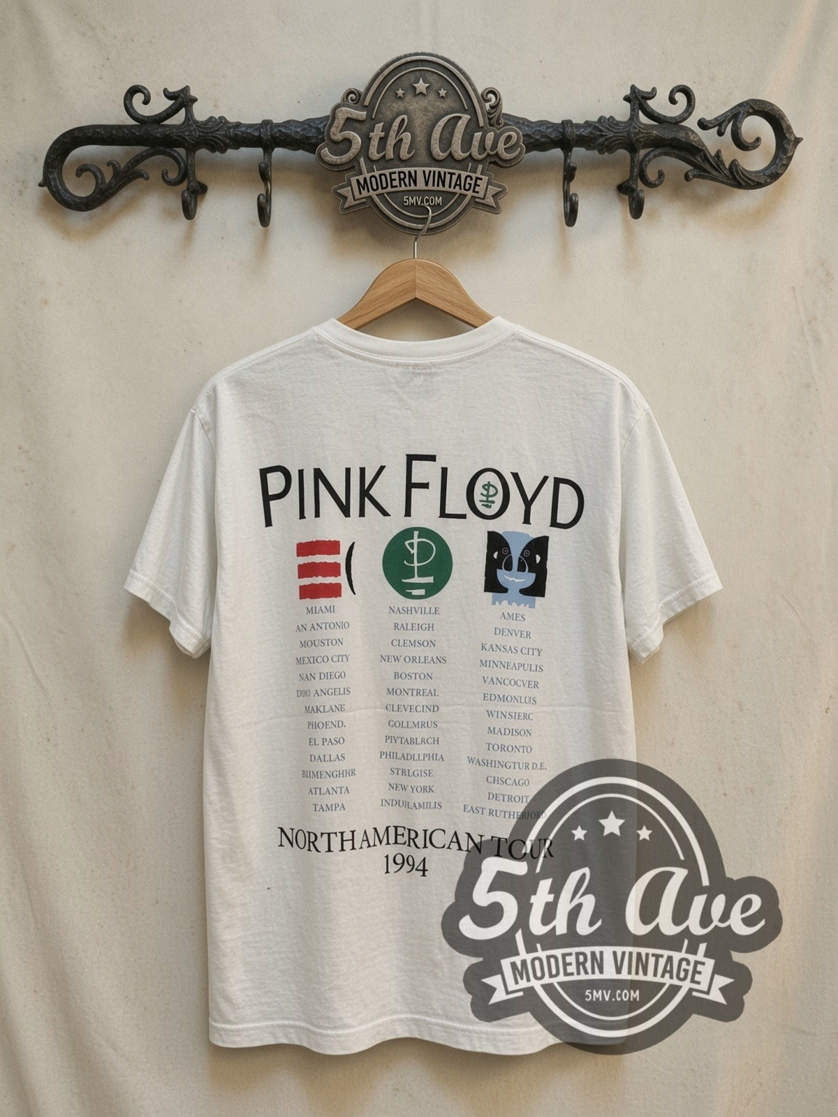 Pink Floyd 1994 North America Tour vintage band t-shirt in white, back view on a display rack