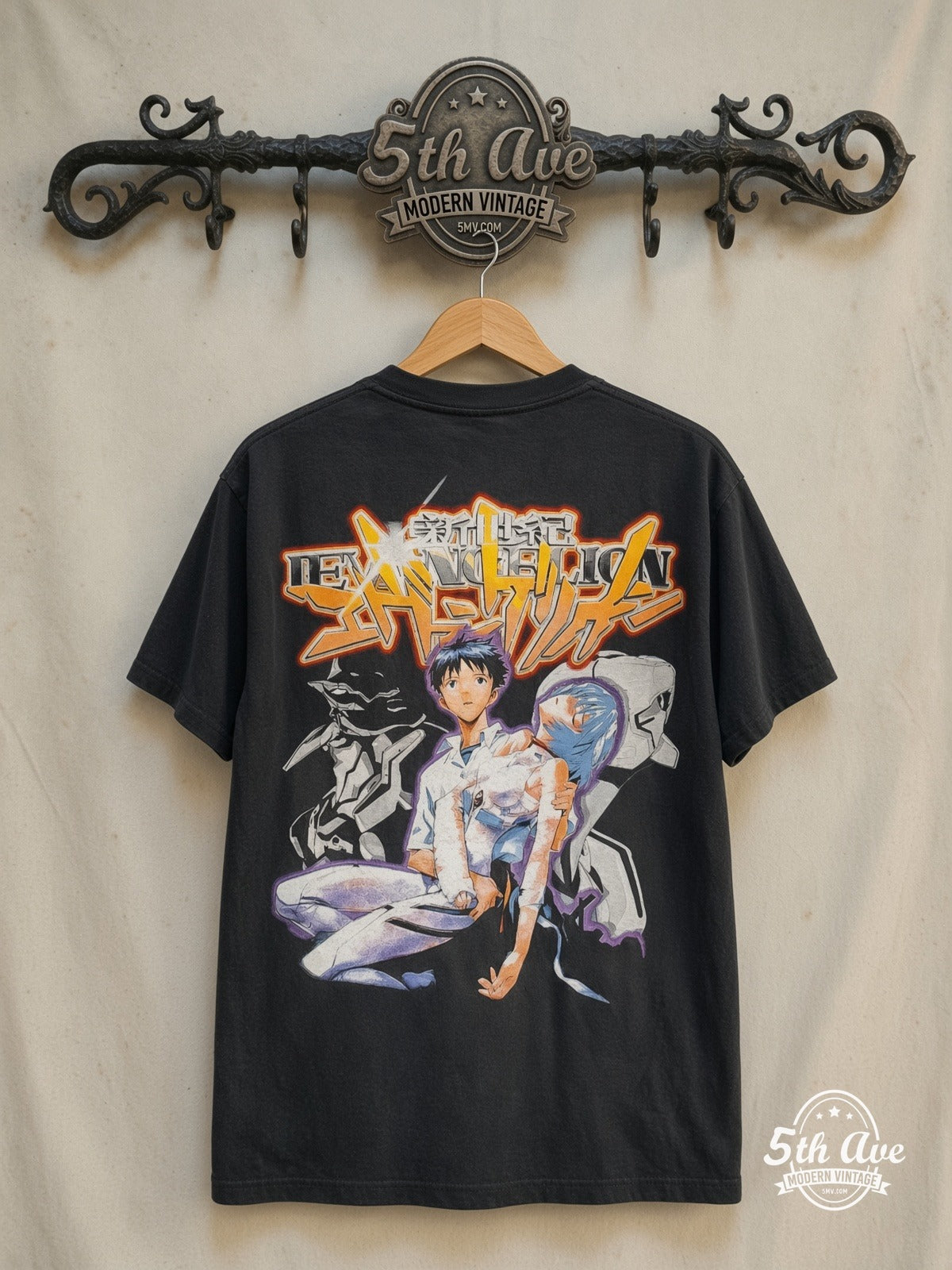 Neon Genesis Evangelion – Shinji and Rei – New Vintage Anime Tee — back on locked cream ornate 5th Ave rack