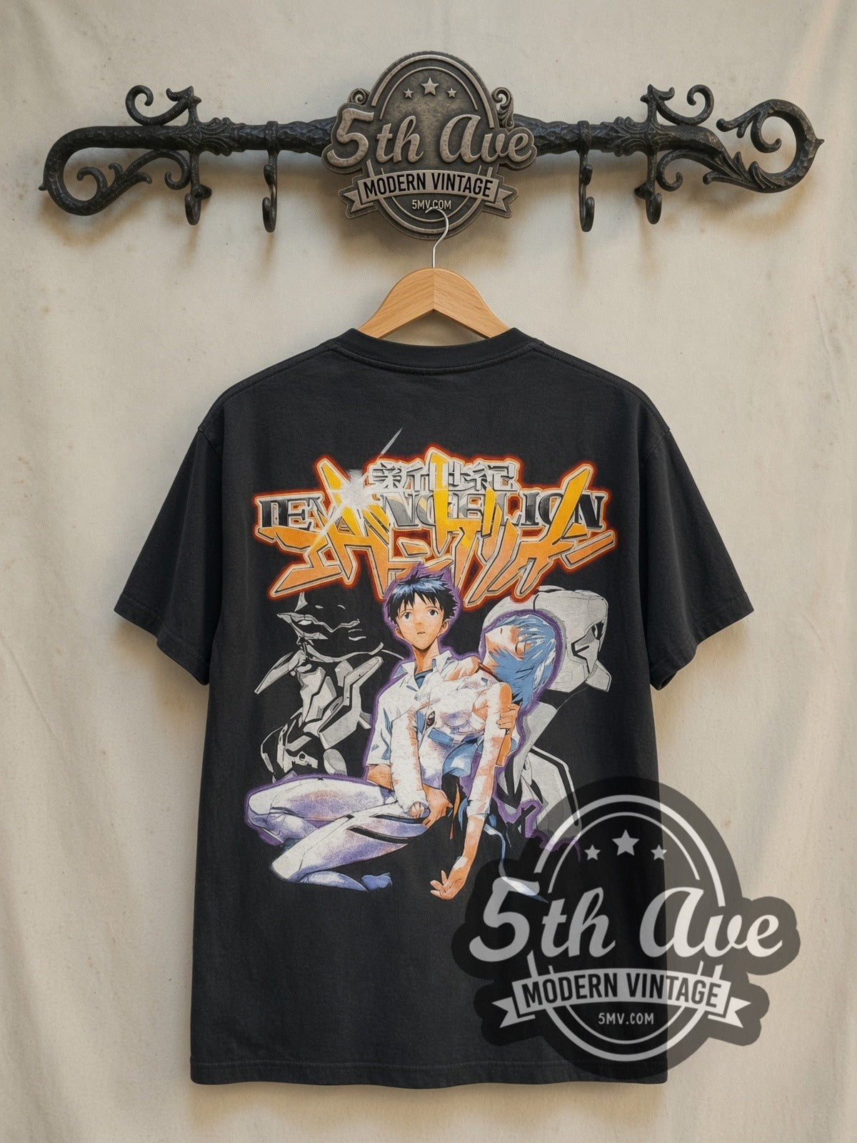 Neon Genesis Evangelion Shinji and Rei vintage anime t-shirt, back view on a display rack