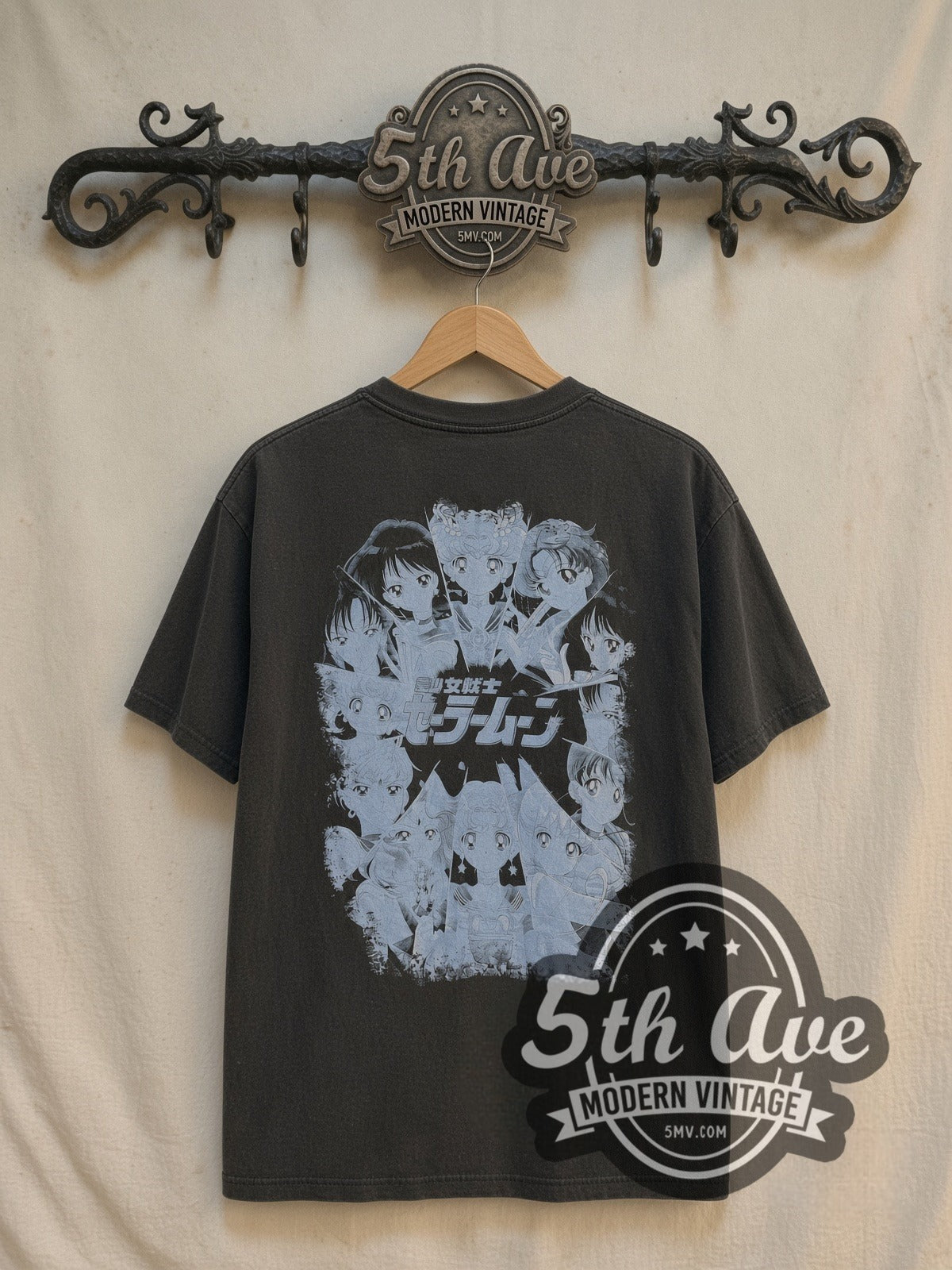 Sailor Moon Five Guardians on the Moon vintage anime t-shirt, back view on a display rack