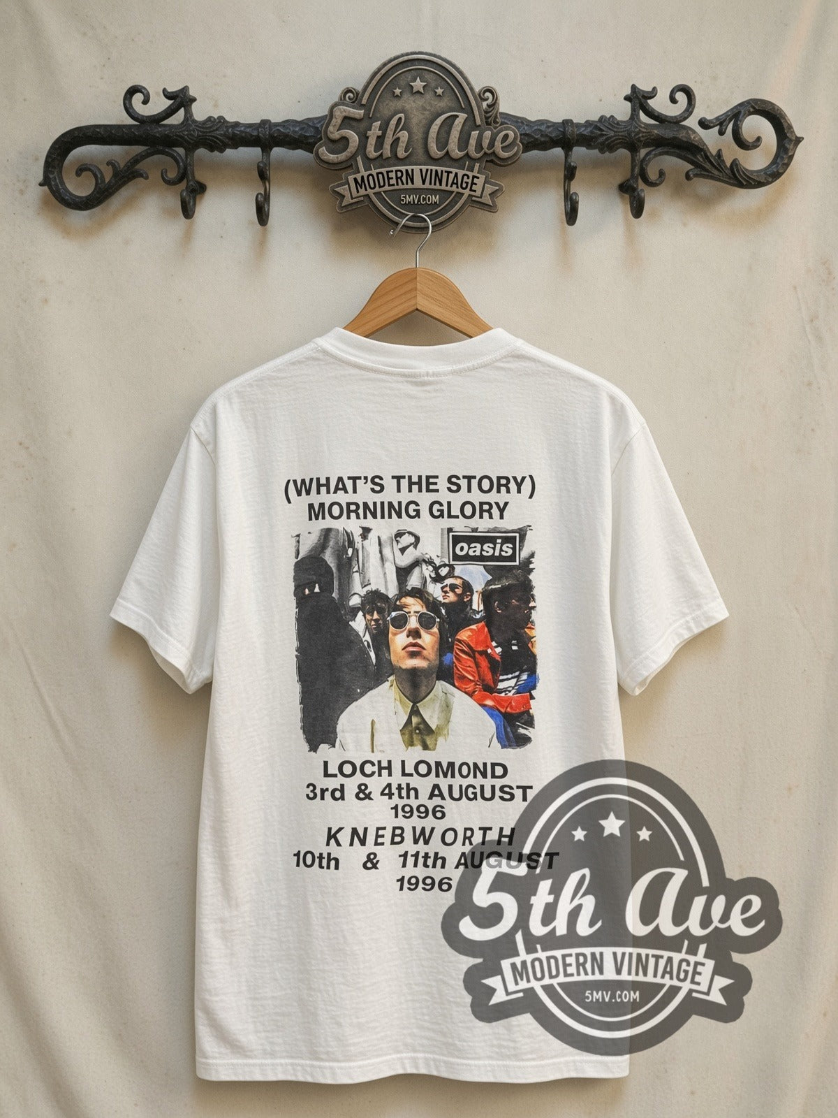 Oasis Morning Glory Tour 1996 vintage band t-shirt in white, back view on a display rack