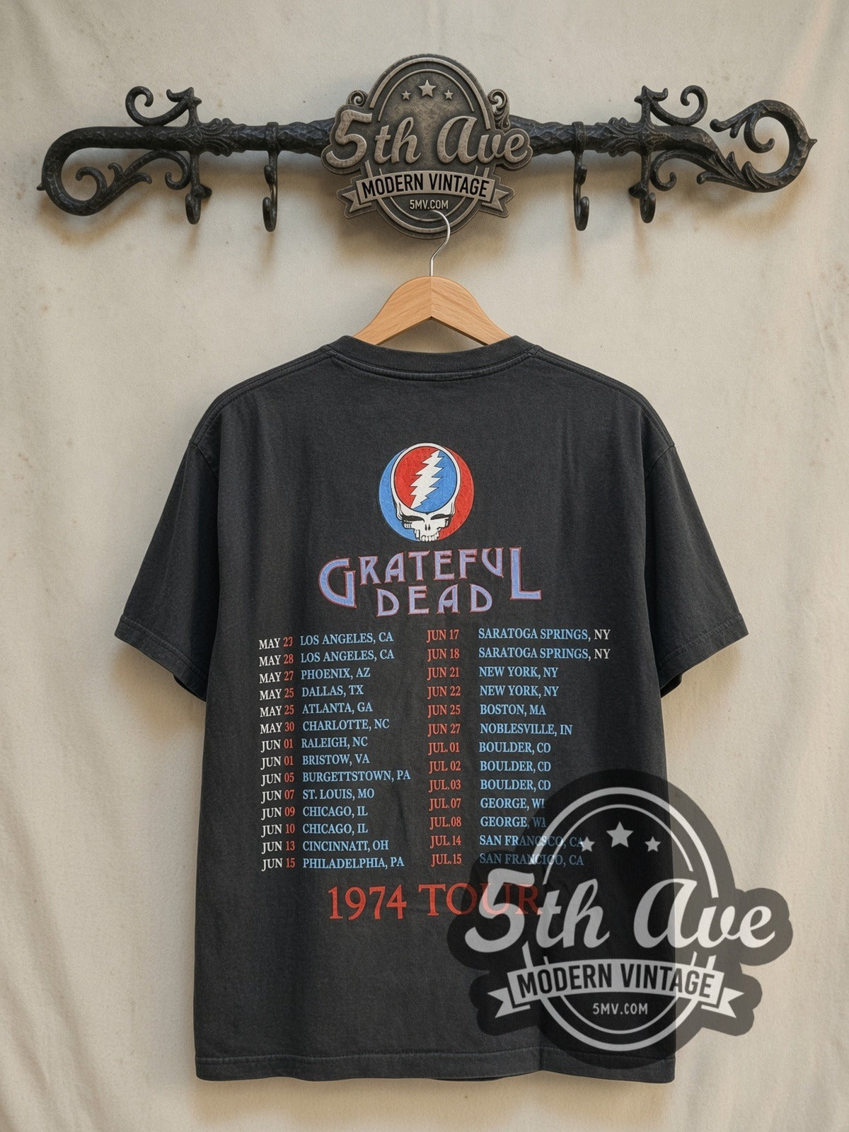 Grateful Dead Live at Philadelphia Civic Center 1974 vintage band t-shirt in black, back view on a display rack