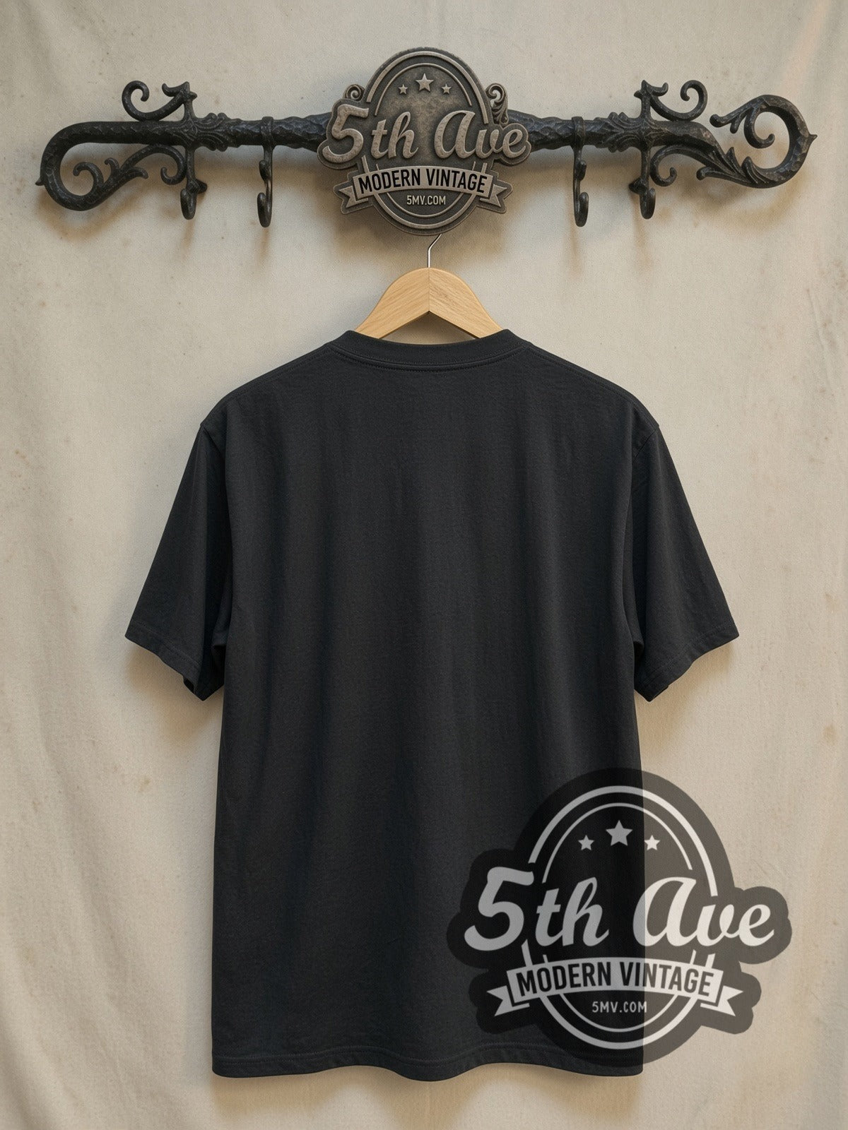 Queen Classic Crest White Print vintage band t-shirt in black, back view on the 5MV rack
