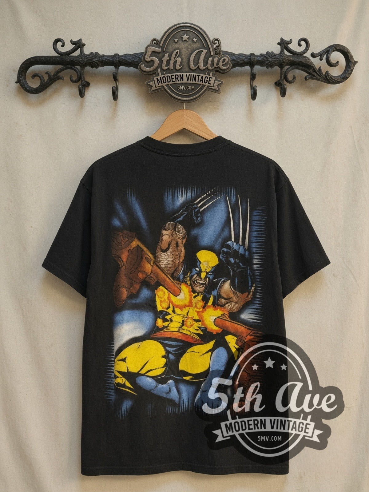 Marvel Wolverine all-over-print vintage comic tee in black, back view on the 5MV rack