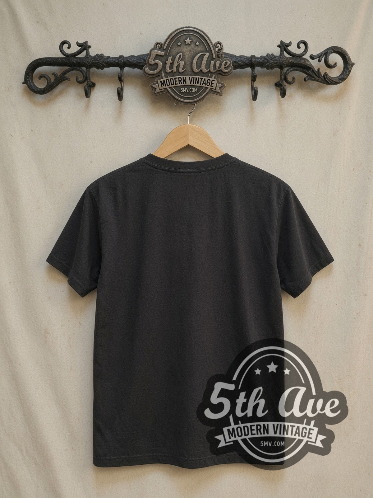 The Smiths Sepia Alleyway Band Photo Red Logo vintage band t-shirt, back view on a display rack
