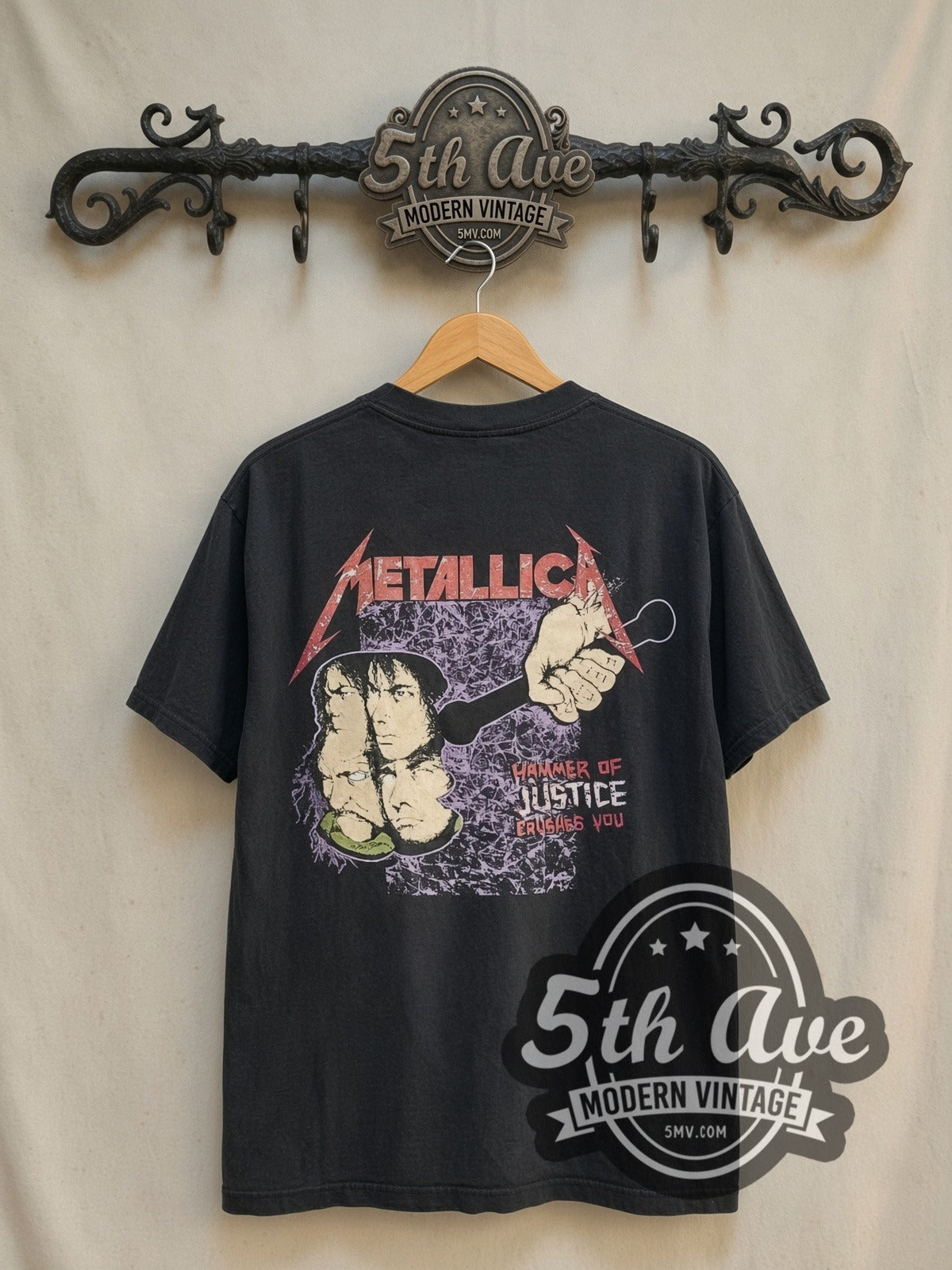 Metallica Damaged Justice Hammer of Justice Crushes You vintage band t-shirt in black, back view on the 5MV rack