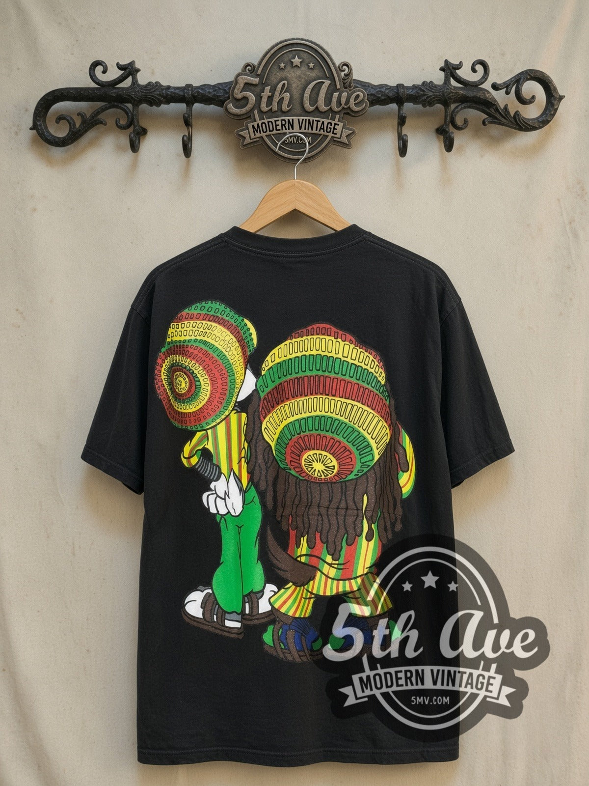 Looney Tunes Rasta Bugs Bunny and Tasmanian Devil vintage cartoon tee, back view on a display rack