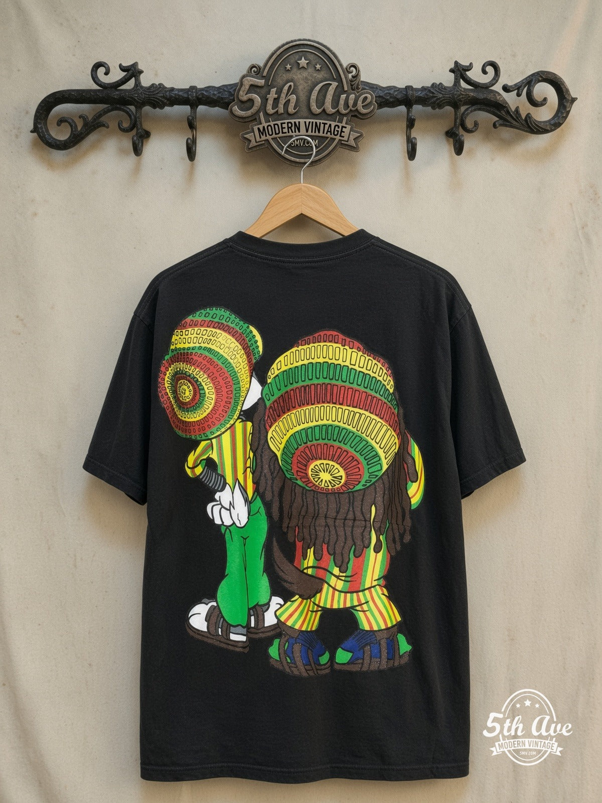 Looney Tunes – Rasta Bugs Bunny and Tasmanian Devil – New Vintage Graphic Tee — back on locked cream ornate 5th Ave rack