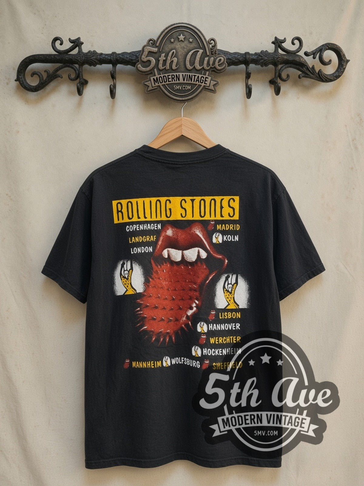 The Rolling Stones Voodoo Lounge European Tour 1995 vintage band t-shirt in black, back view on a display rack