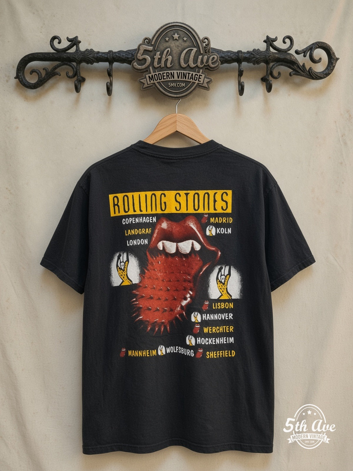 The Rolling Stones – Voodoo Lounge European Tour 1995 – Vintage Band T-Shirt — back on locked cream ornate 5th Ave rack