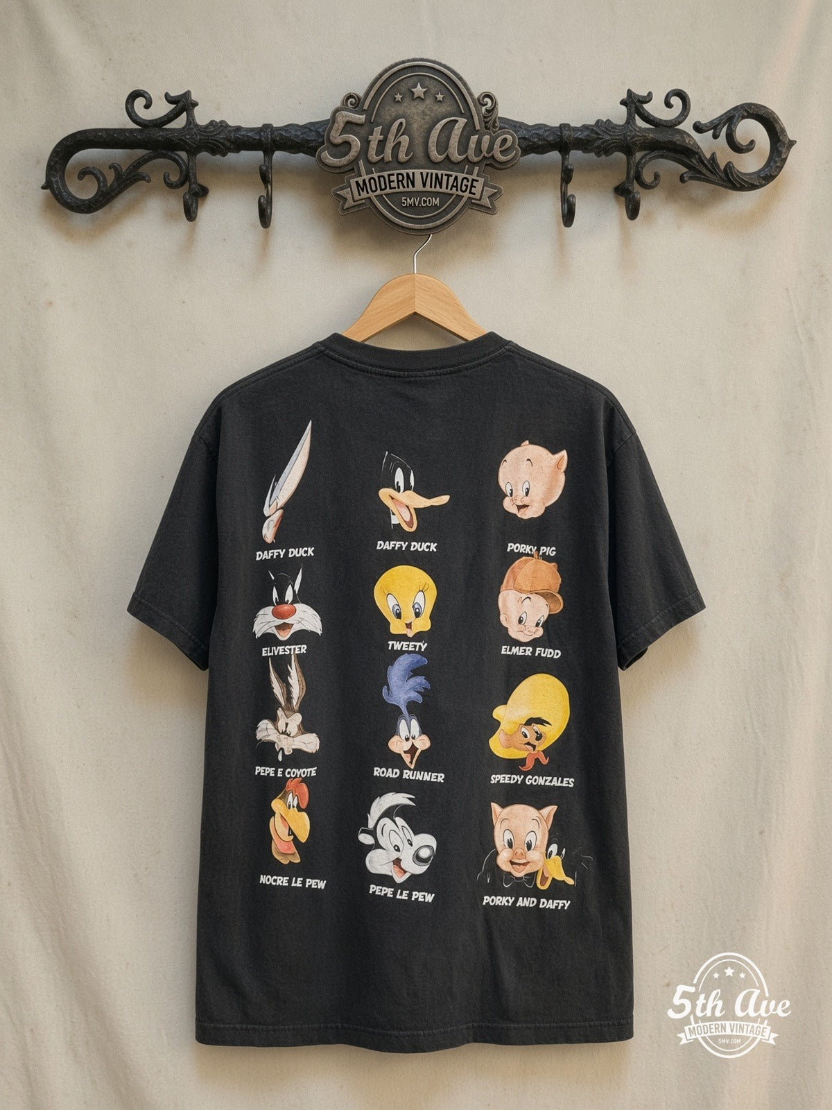 Looney Tunes – Bugs Bunny and Friends – New Vintage Graphic Tee — back on locked cream ornate 5th Ave rack