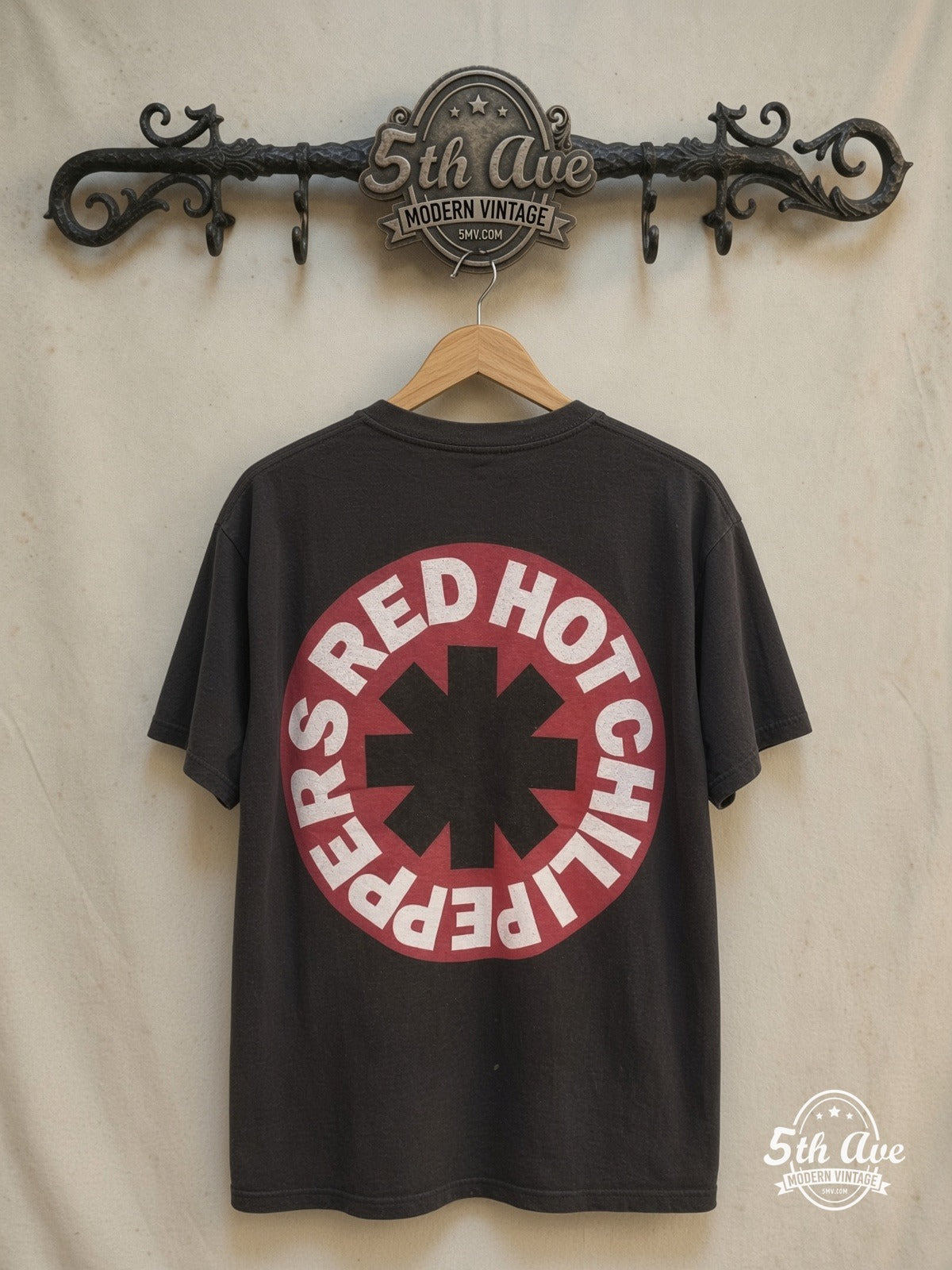 Red Hot Chili Peppers – Psychedelic Swirl – Vintage Band T-Shirt — back on locked cream ornate 5th Ave rack