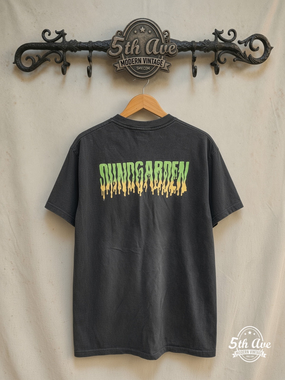 Soundgarden – Badmotorfinger Melt – Vintage Band T-Shirt — back on locked cream ornate 5th Ave rack