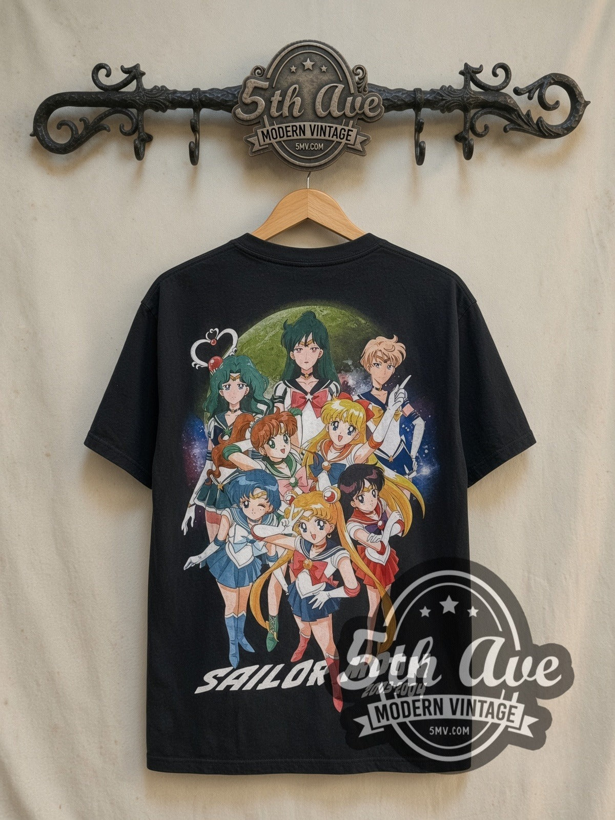 Sailor Moon Eight Sailor Guardians vintage graphic t-shirt, back view on a display rack