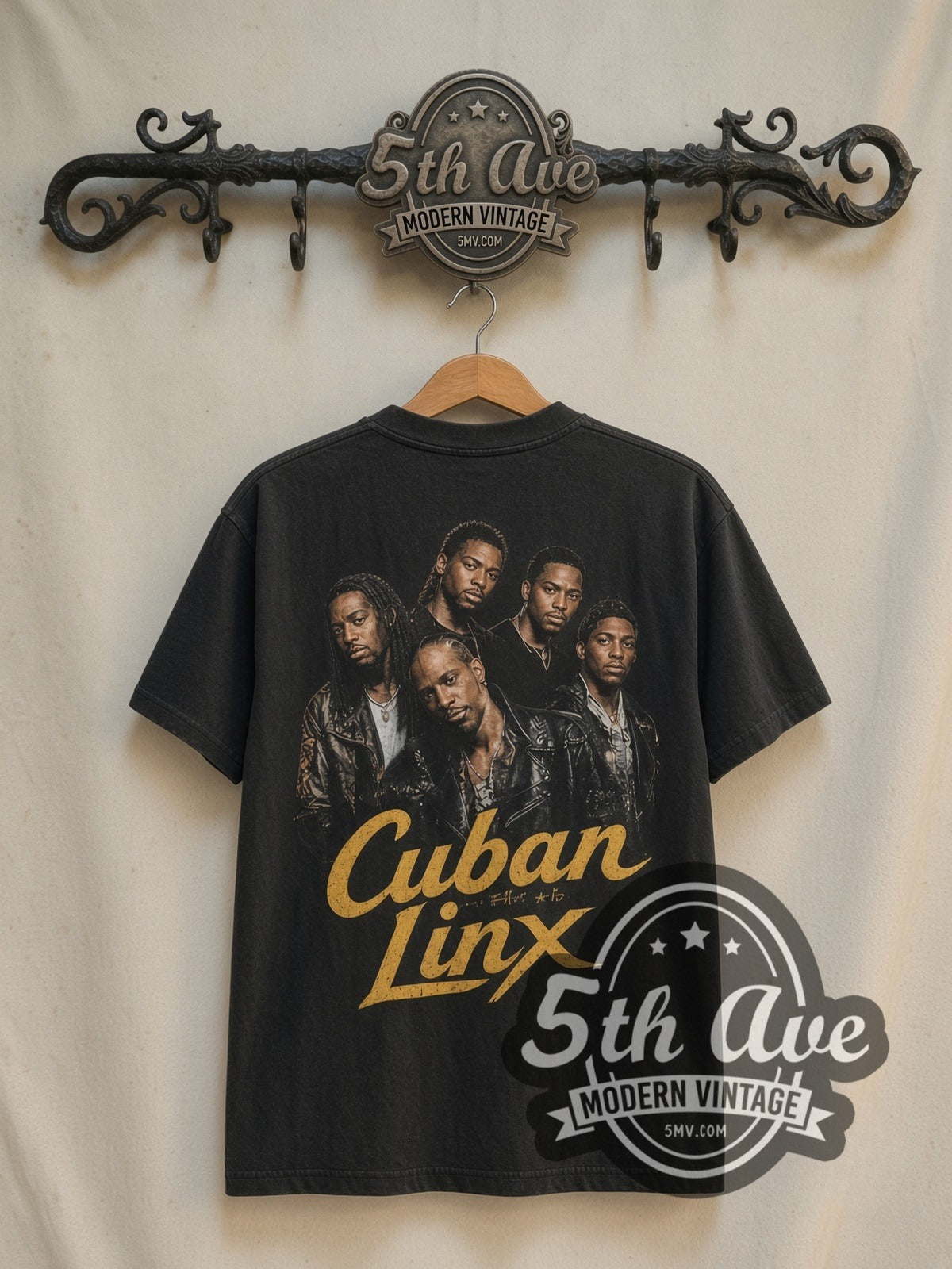 Raekwon Only Built 4 Cuban Linx Wu-Tang Vintage Band vintage band t-shirt in black, back view on a display rack