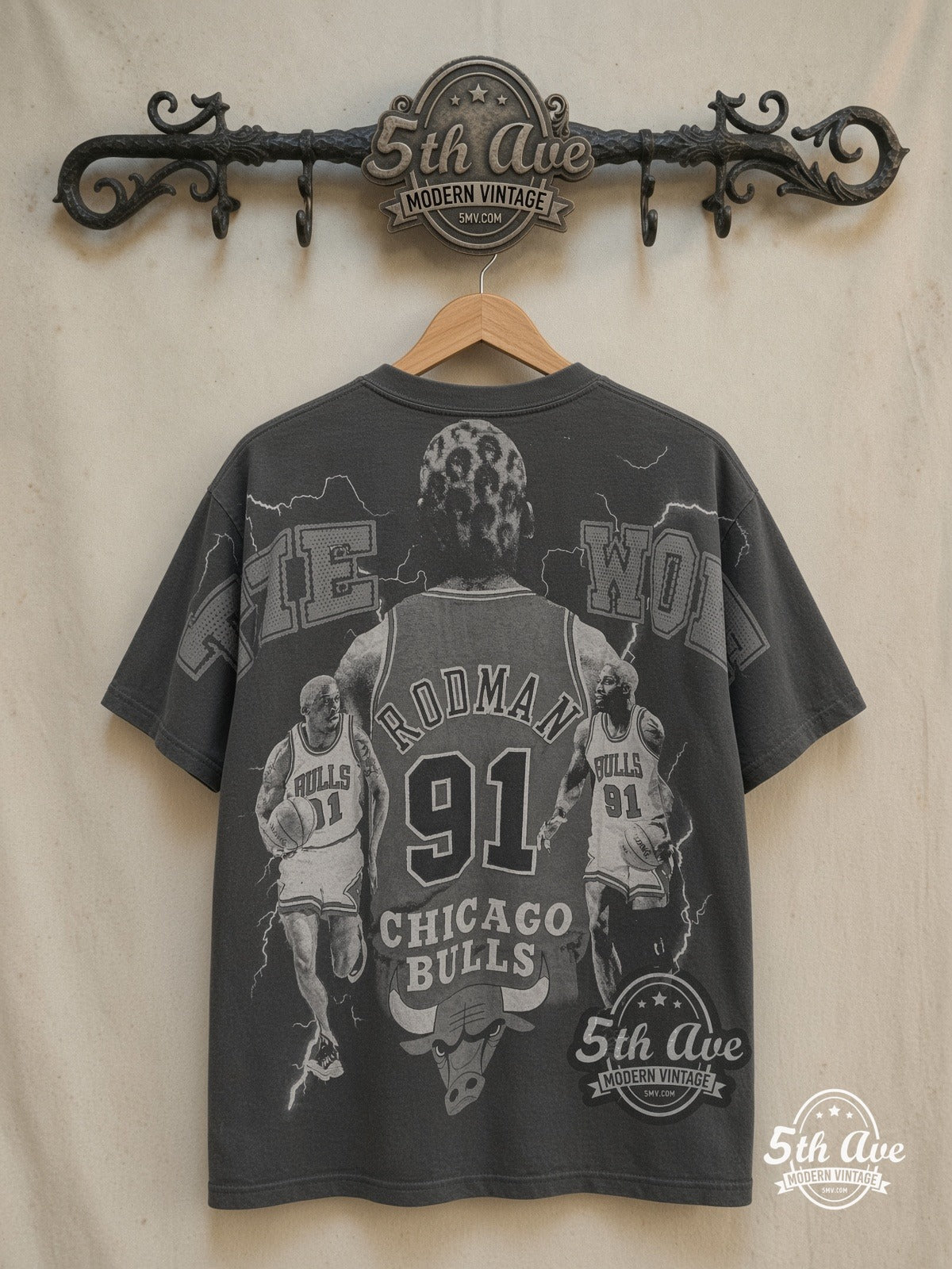 Dennis Rodman – Chicago Bulls All Over Print T-Shirt – Vintage Graphic Tee — back on locked cream ornate 5th Ave rack