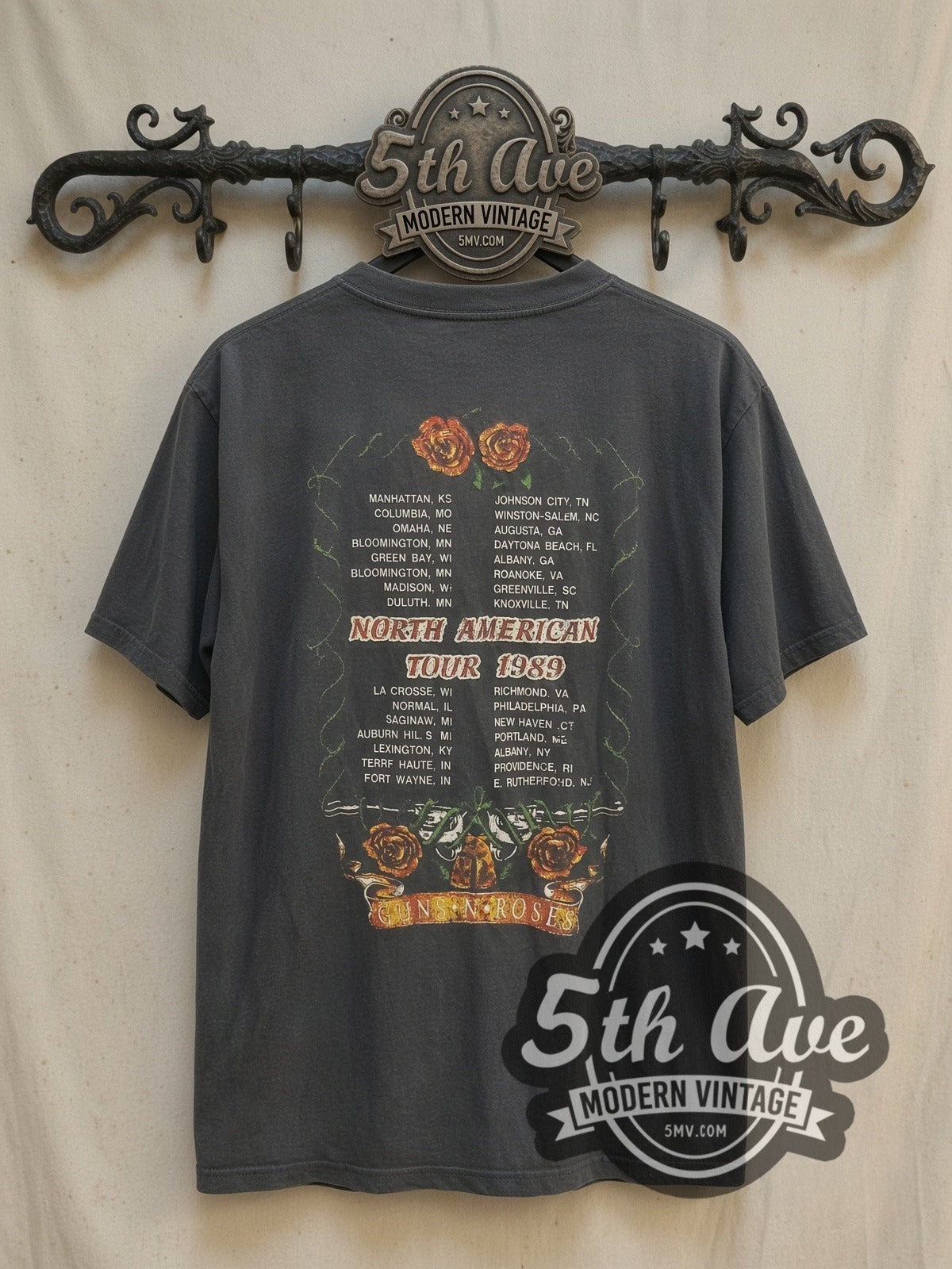 Guns N' Roses 1989 North American Tour vintage band t-shirt, back view on a display rack