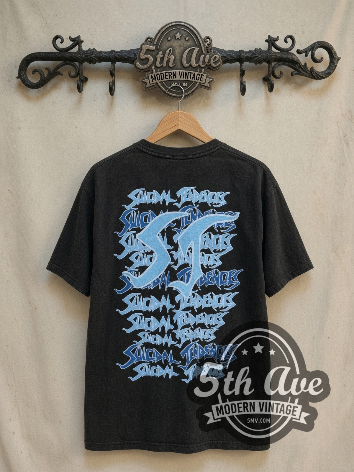 Suicidal Tendencies Electric Chair all-over-print vintage band t-shirt in black, back view on a display rack