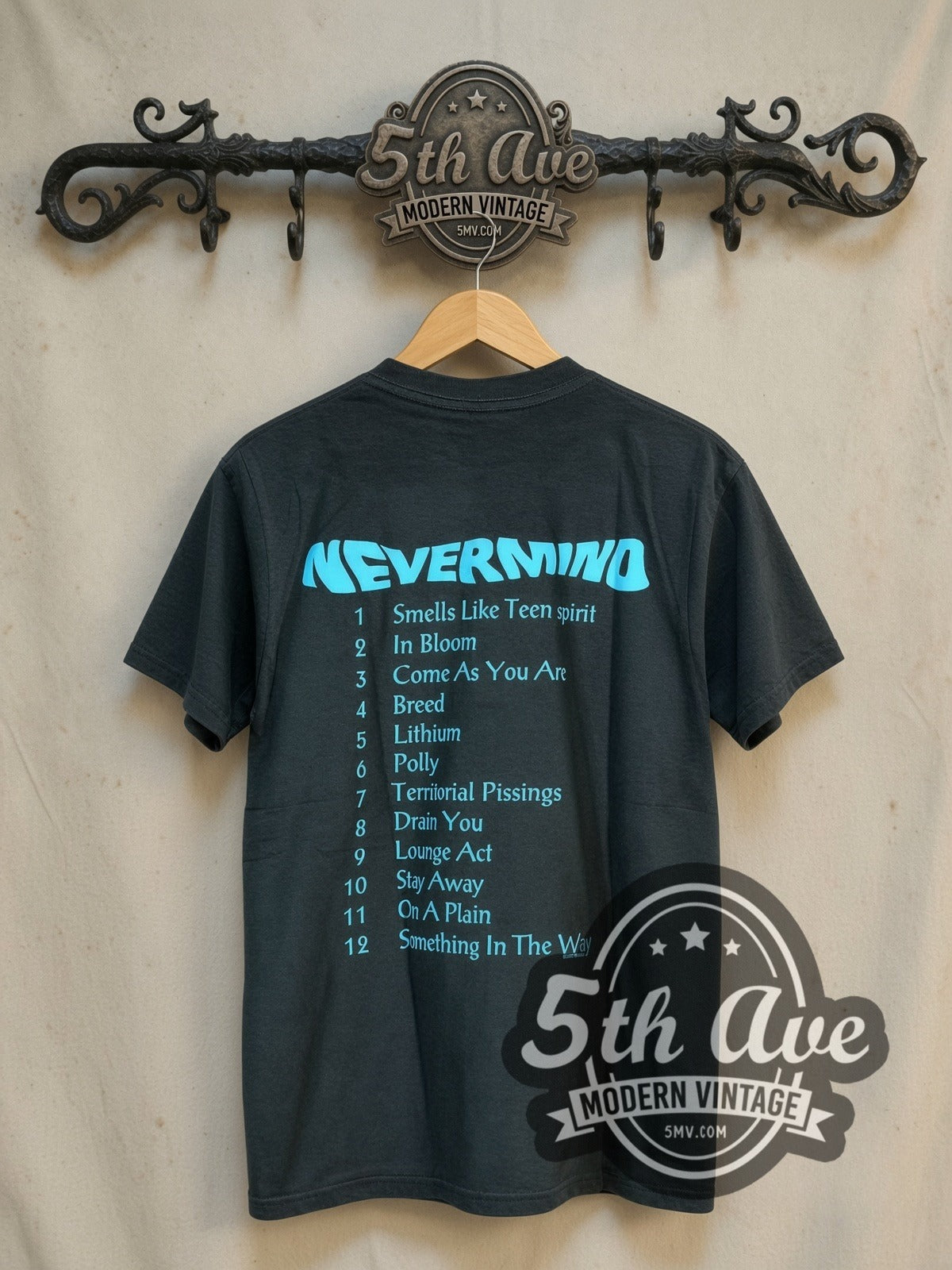 Nirvana Nevermind Album Art vintage band t-shirt, back view on the 5MV rack