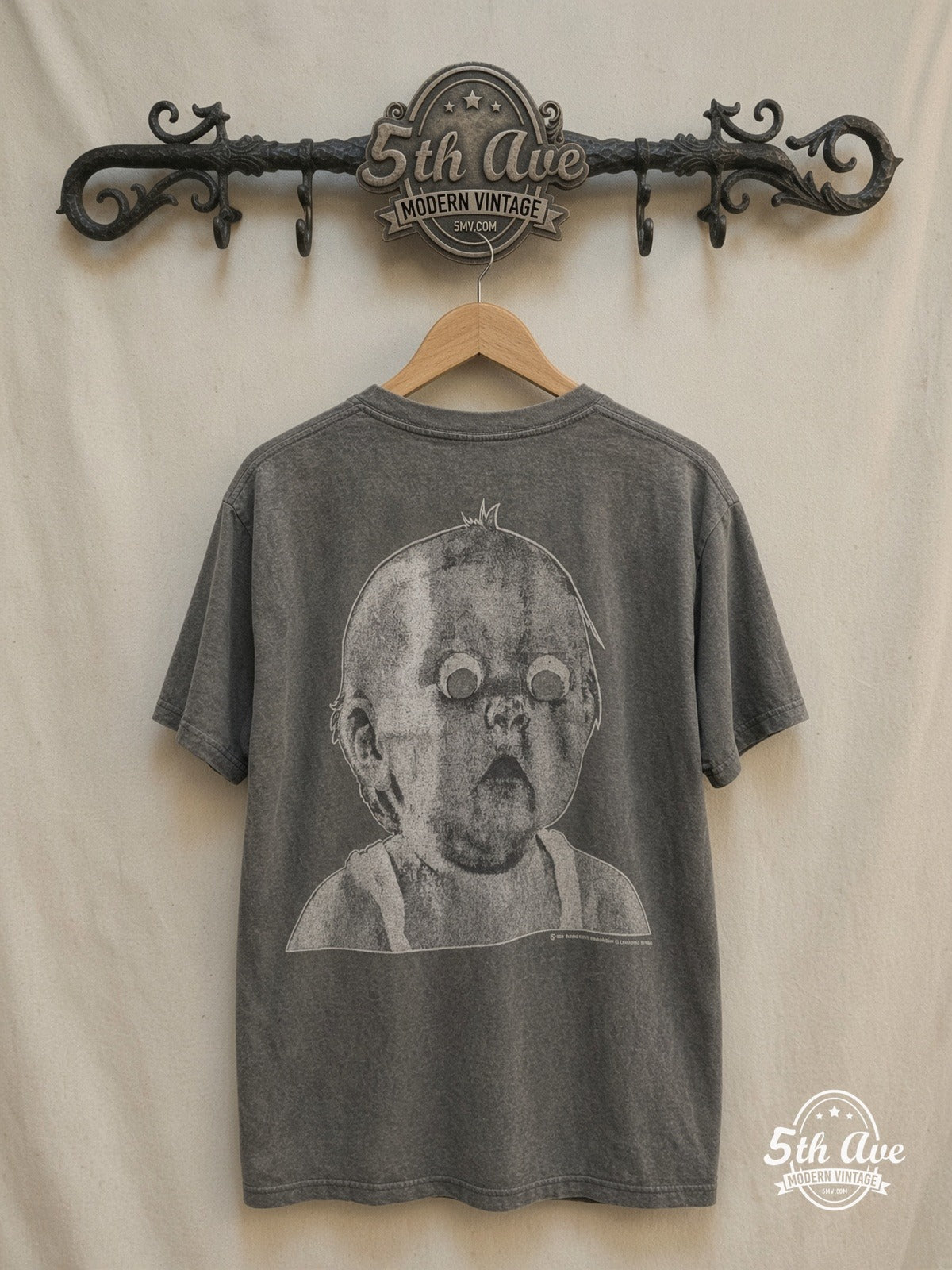Radiohead – Pablo Honey Tour Baby Purple – Vintage Band T-Shirt — back on locked cream ornate 5th Ave rack