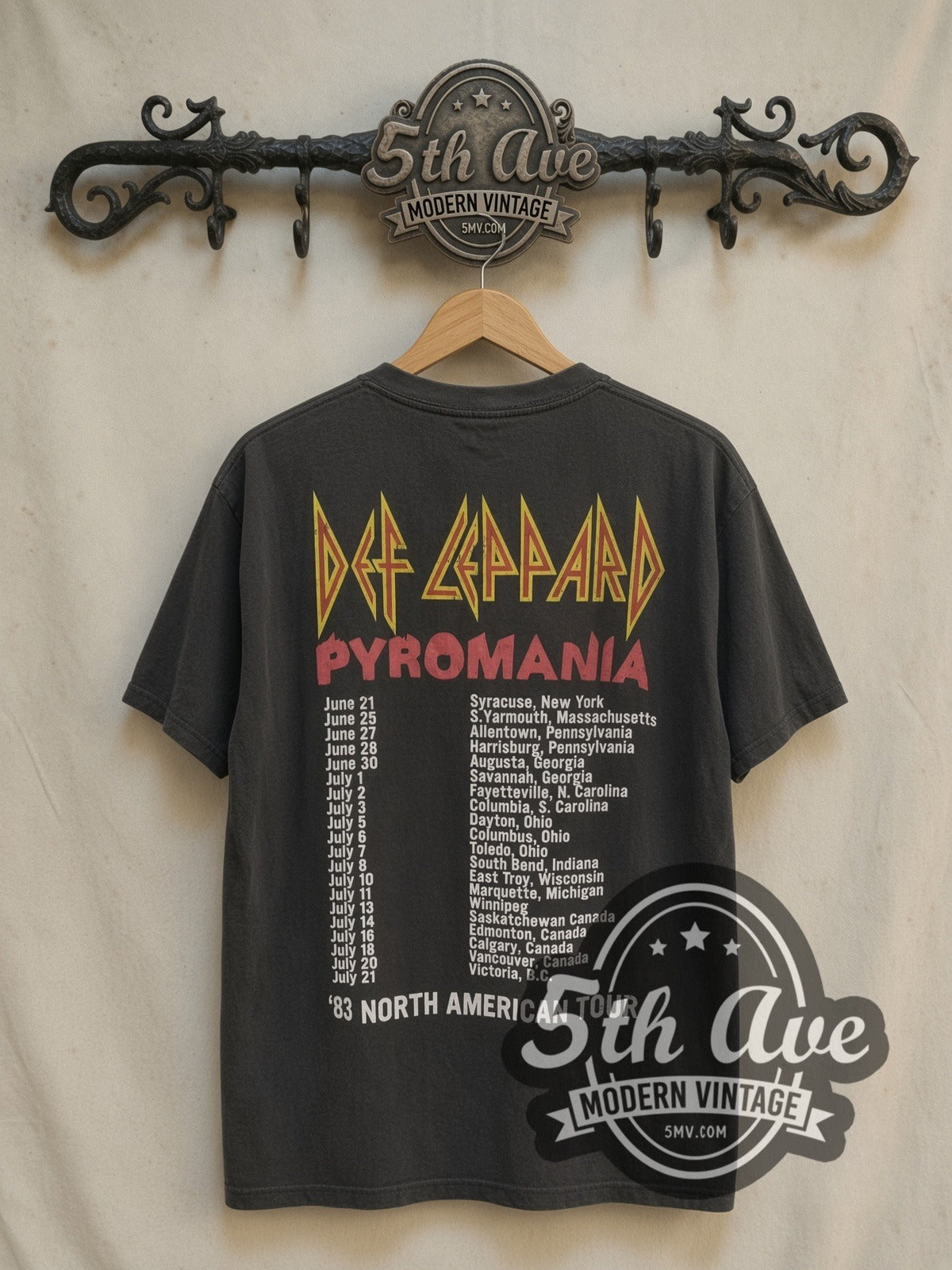 Def Leppard Pyromania '83 North American Tour vintage band t-shirt, back view on a display rack