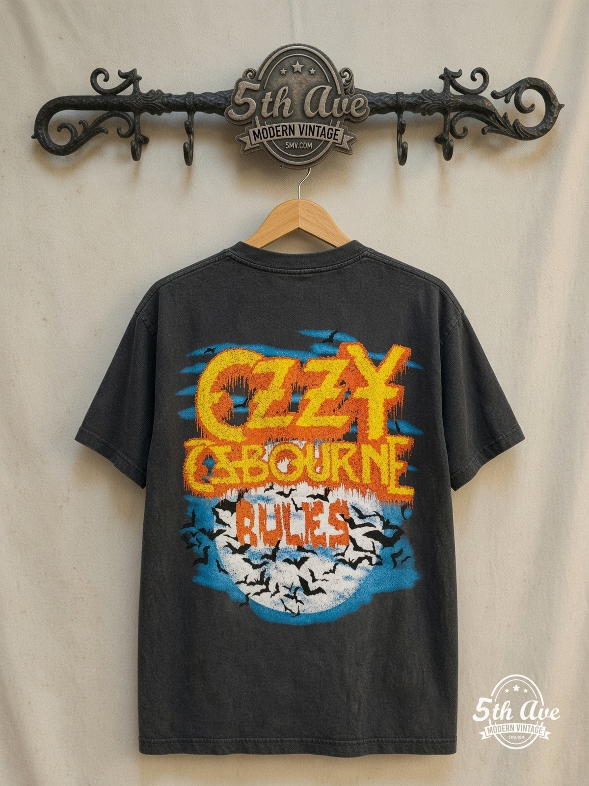 Ozzy Osbourne – RULES 1984 Bark at the Moon – Vintage Band T-Shirt — back on locked cream ornate 5th Ave rack