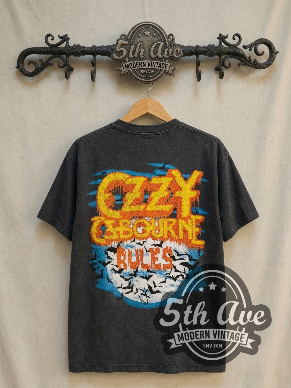 Ozzy Osbourne RULES 1984 Bark at the Moon vintage band t-shirt in black, back view on a display rack