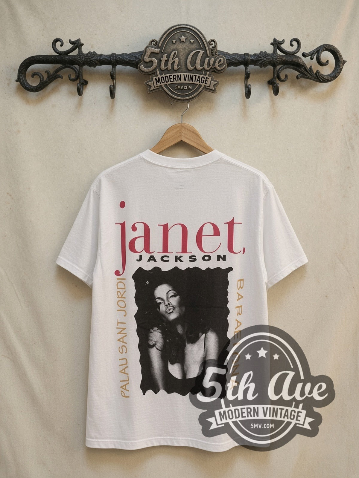 Janet Jackson Palau Sant Jordi Barcelona vintage band t-shirt, back view on a display rack